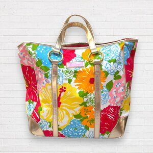 LILLY PULITZER Pink Lined Floral Beach Tote Bag Gold Trim Accents